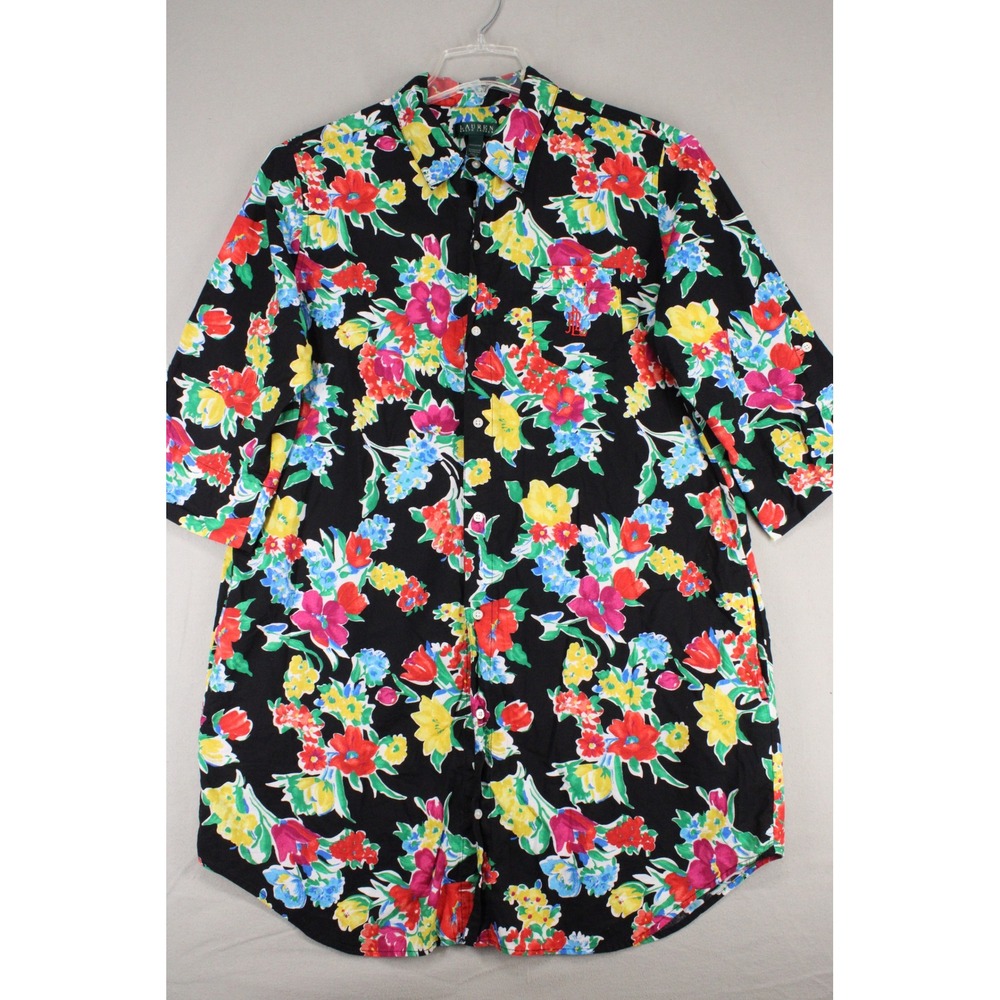 Lauren Ralph Lauren Sleep Shirt Womens XL Black Floral Cotton Boho Loungewear